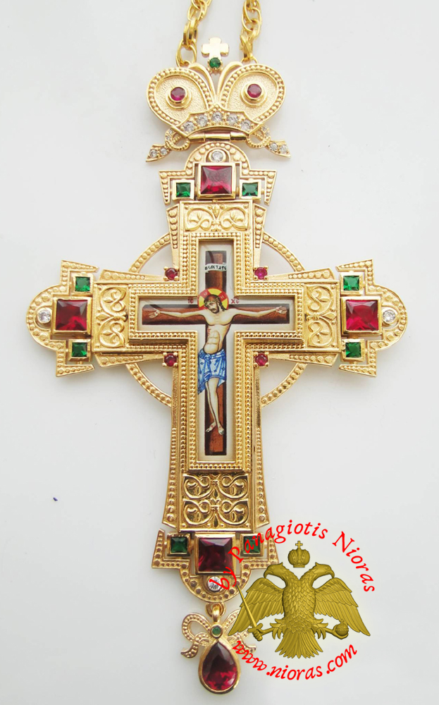 Orthodox Christ Pectoral Cross Brass Gold Plated with Semi Precious Stones 8x16cm - 333
